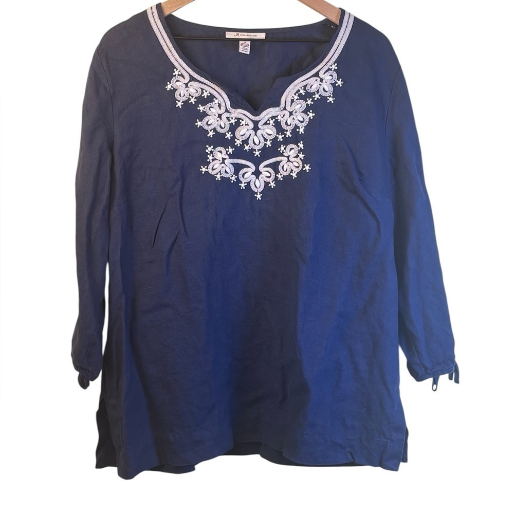 JM Collection Embroidered Blue Women's Top Tunic 100% Linen Size 16